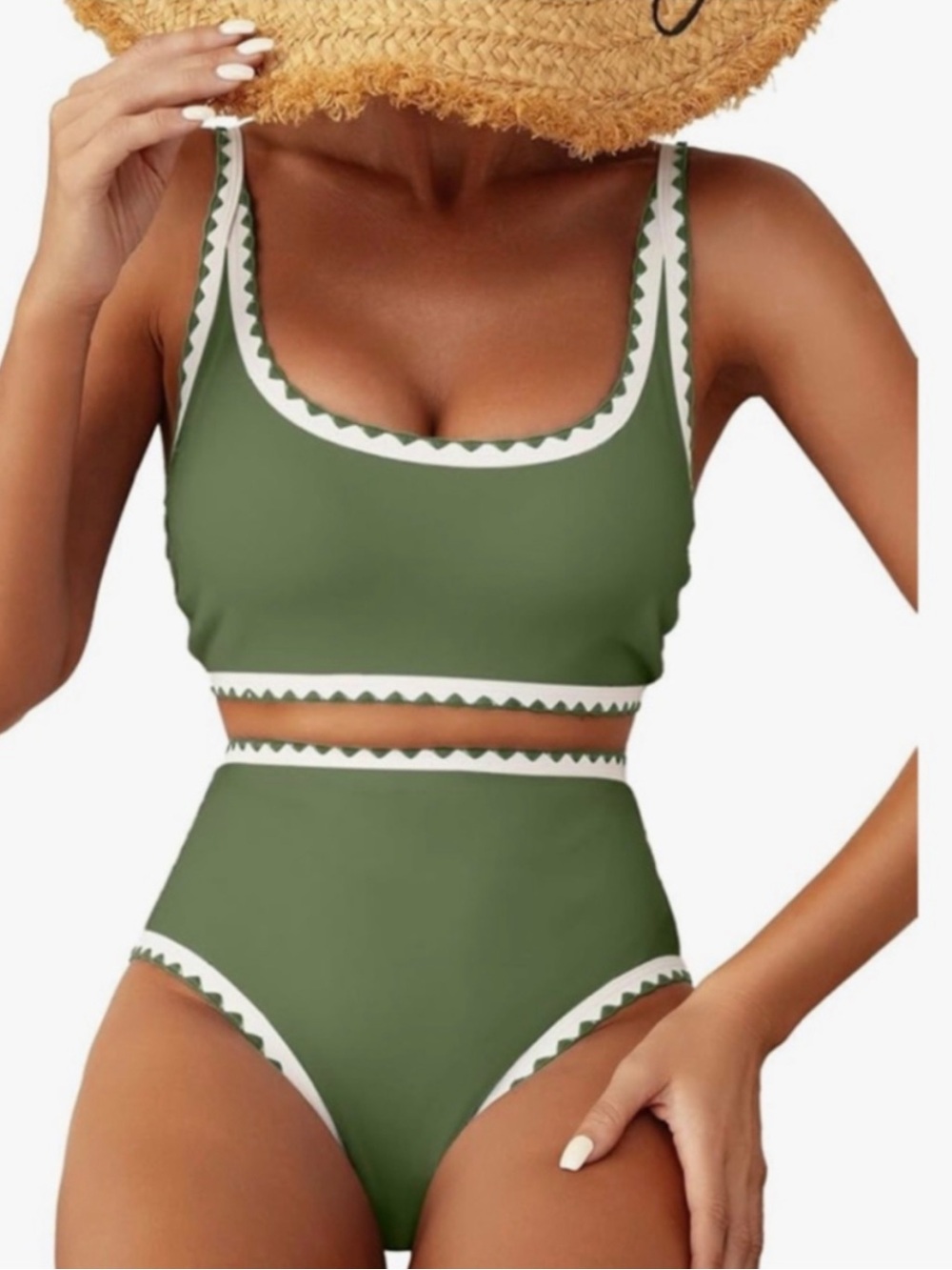 Herseas NWT XS Olive green sporty High-Waist Whip white Stitch Trim Bikini Set